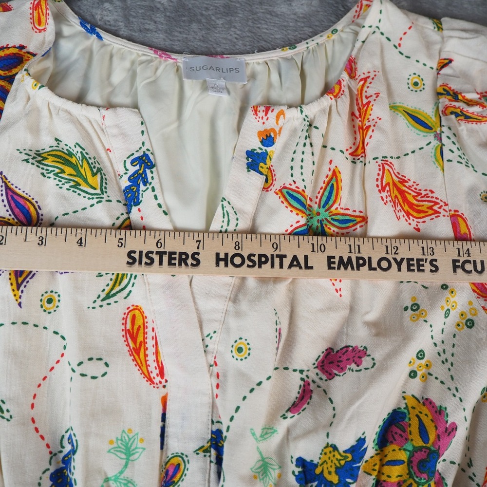 Sugarlips Cornelia Linen Blend Maxi Dress Sz XL Tired Smock Waist Boho Floral - Picture 7 of 15